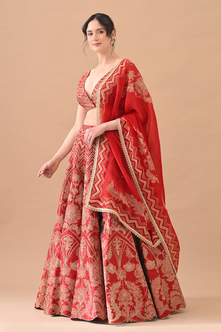 Red Regal Gold Aari Work Lehenga