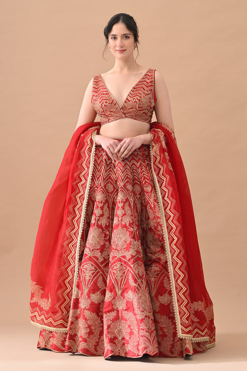 Red Regal Gold Aari Work Lehenga