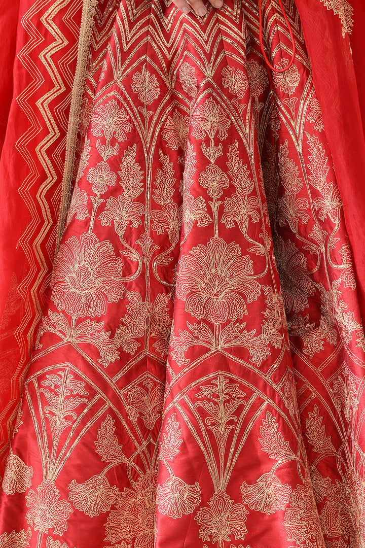 Red Regal Gold Aari Work Lehenga