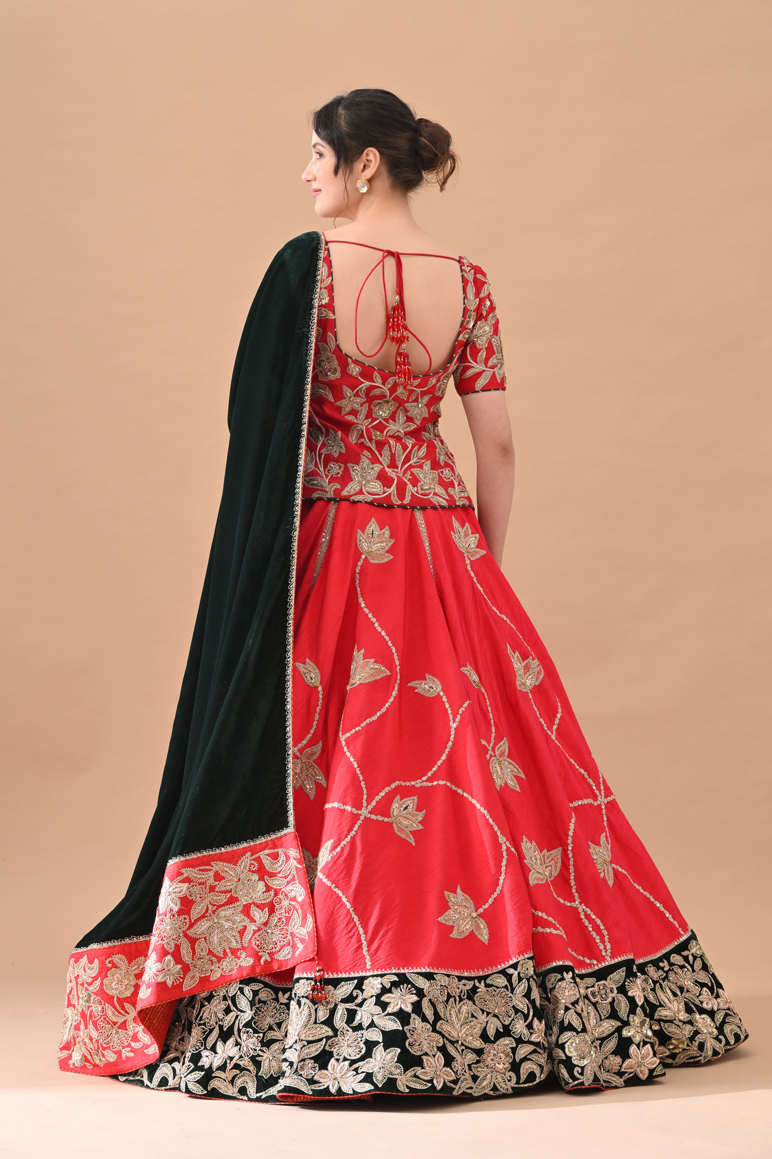 Red Classic Gold Embroidery Lehenga with Deep Green Dupatta