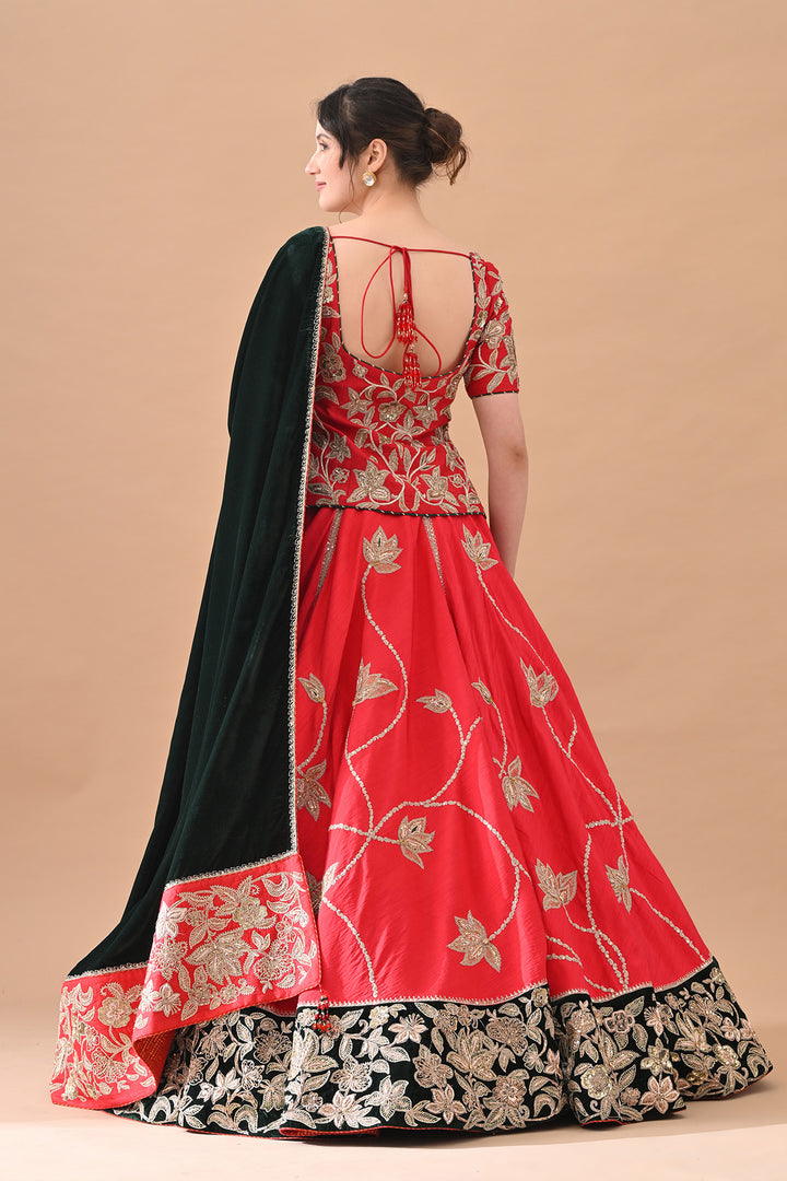 Red Classic Gold Embroidery Lehenga With Deep Green Dupatta