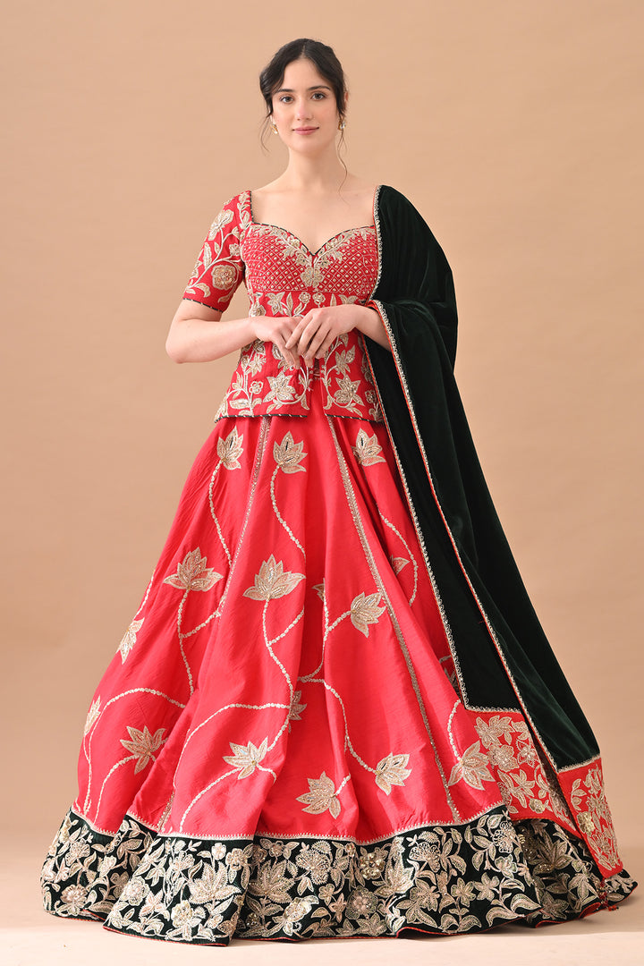 Red Classic Gold Embroidery Lehenga With Deep Green Dupatta