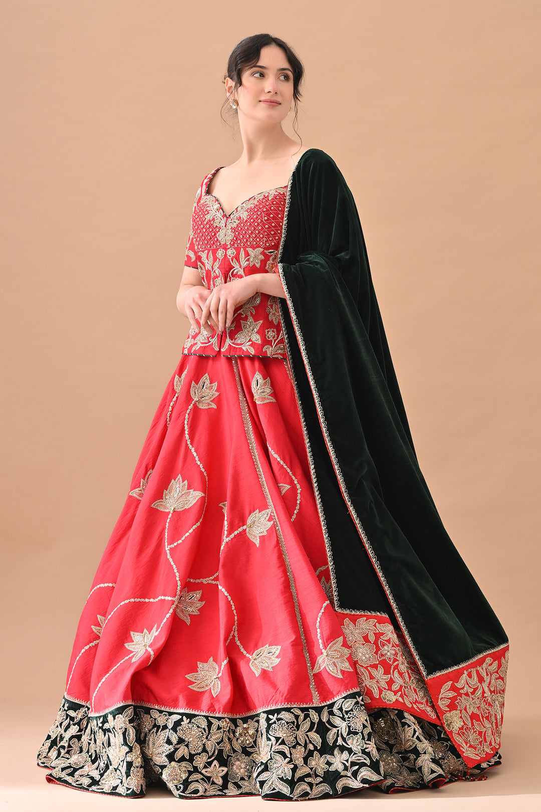 Red Classic Gold Embroidery Lehenga With Deep Green Dupatta