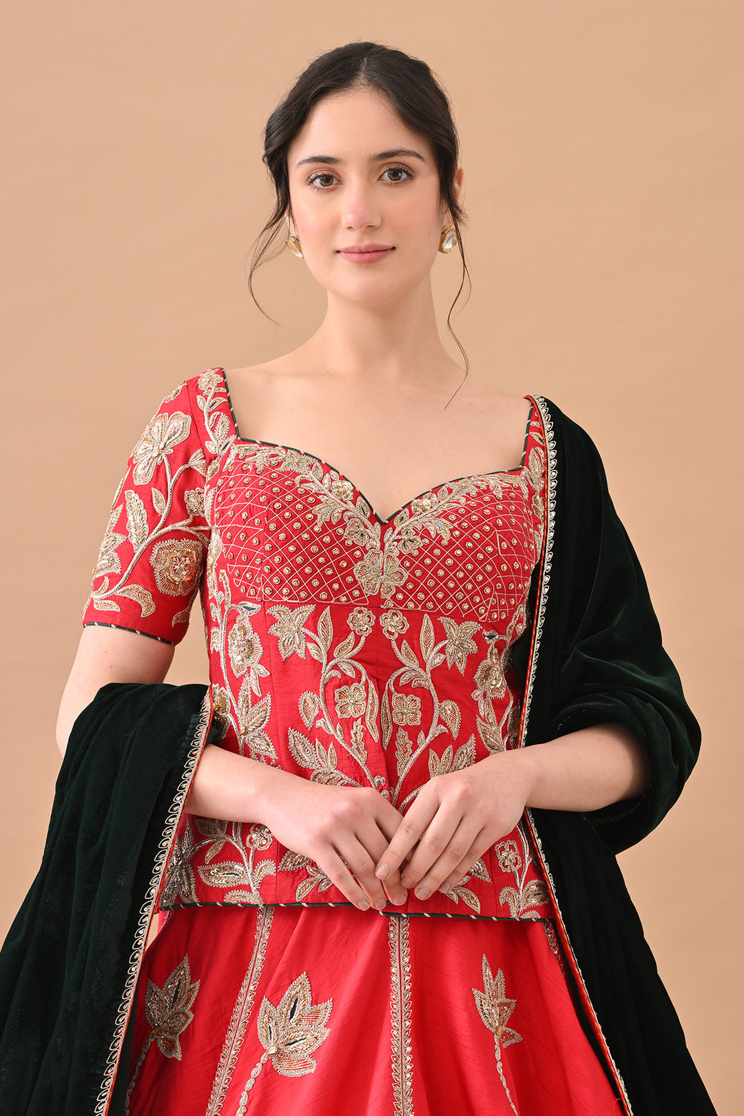 Red Classic Gold Embroidery Lehenga With Deep Green Dupatta