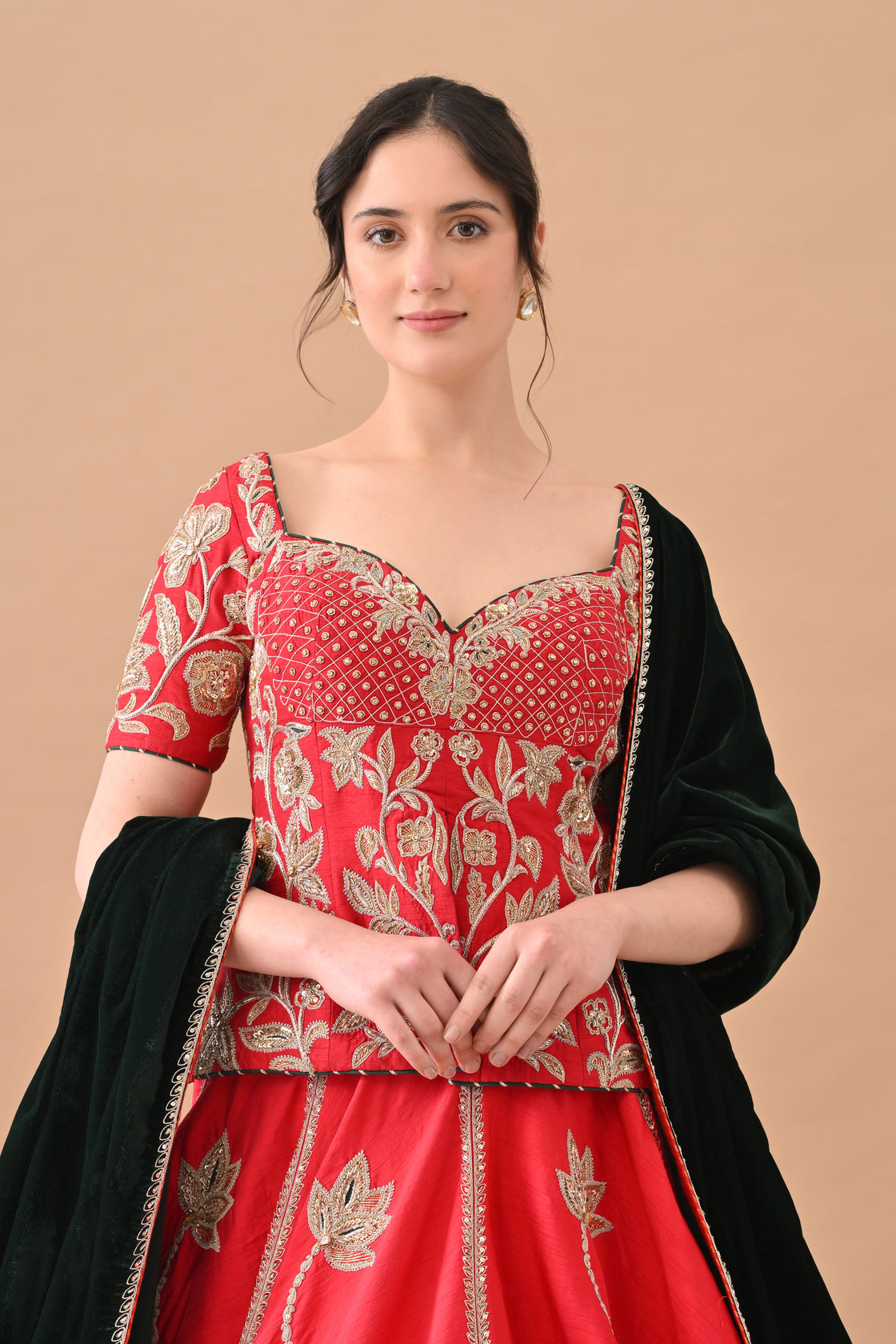 Red Classic Gold Embroidery Lehenga with Deep Green Dupatta Samant Chauhan Red Classic Gold Embroidery Lehenga with Deep Green Dupatta Samant Chauhan