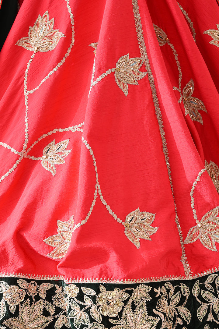 Red Classic Gold Embroidery Lehenga With Deep Green Dupatta