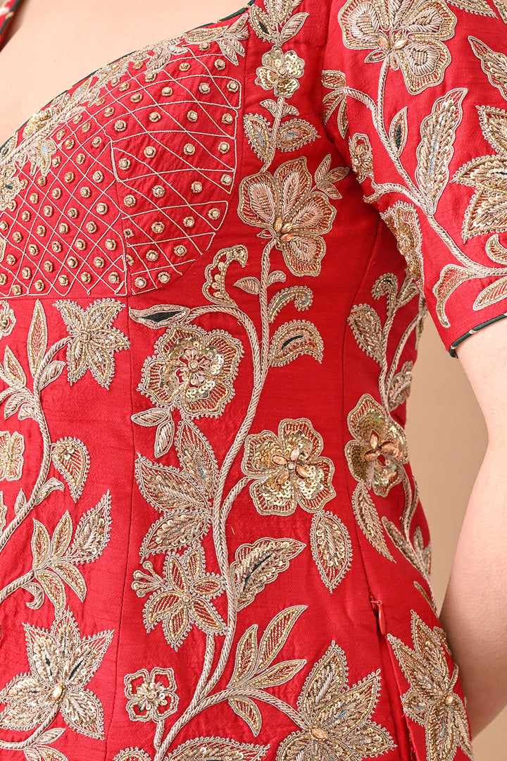 Red Classic Gold Embroidery Lehenga With Deep Green Dupatta