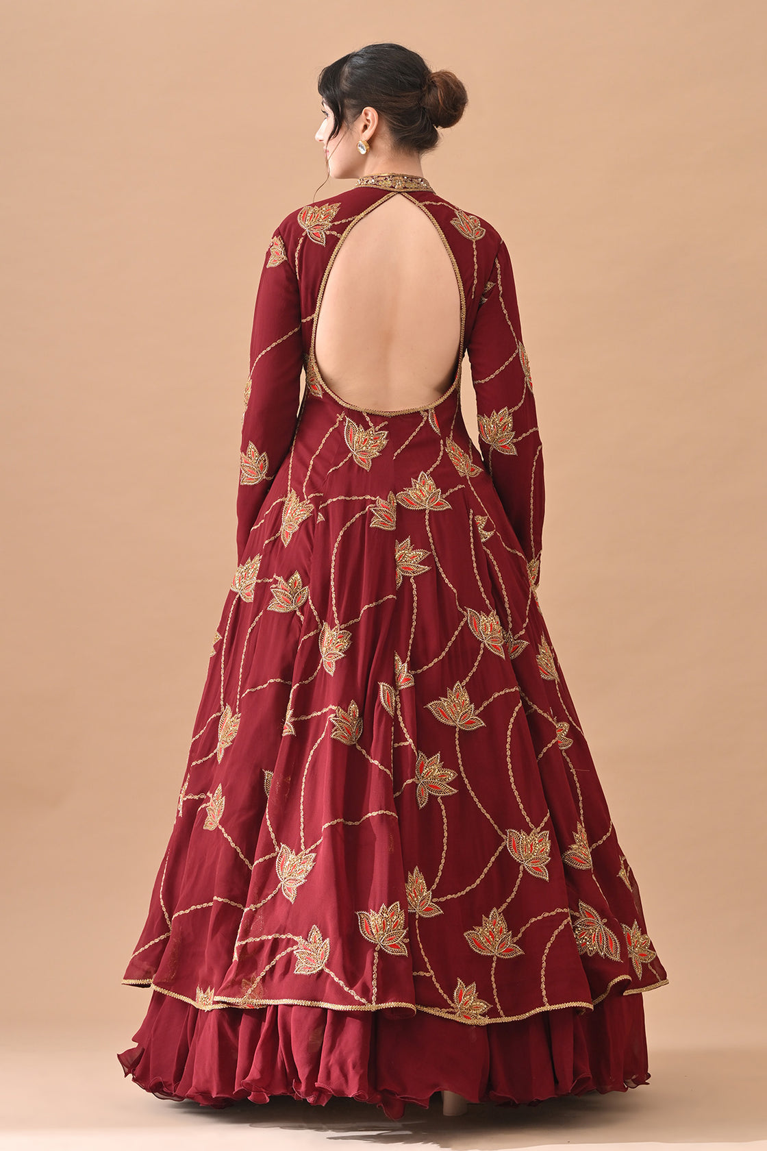 Maroon Red Gold Zari Embroidered Royal Anarkali