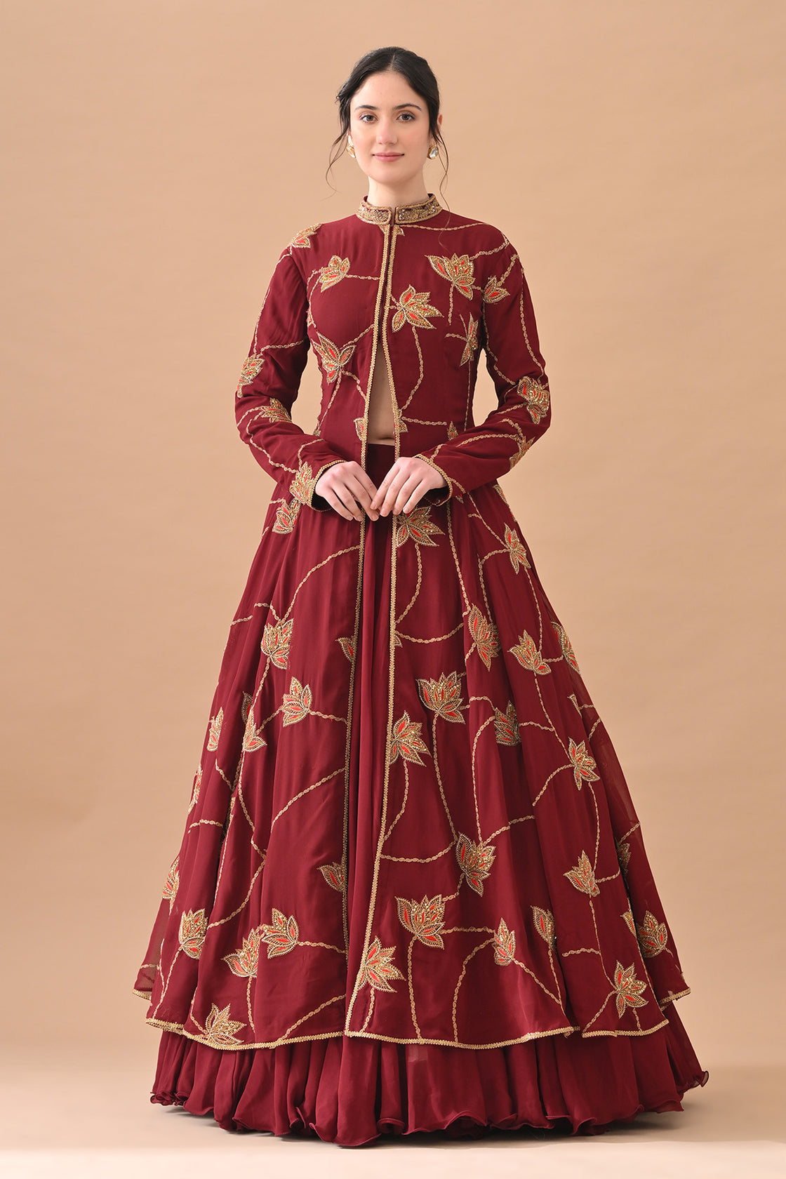 Maroon Red Gold Zari Embroidered Royal Anarkali