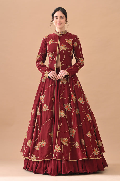 Maroon Red Gold Zari Embroidered Royal Anarkali
