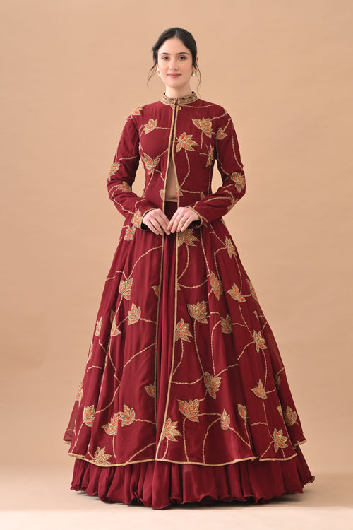 Maroon Red Gold Zari Embroidered Royal Anarkali