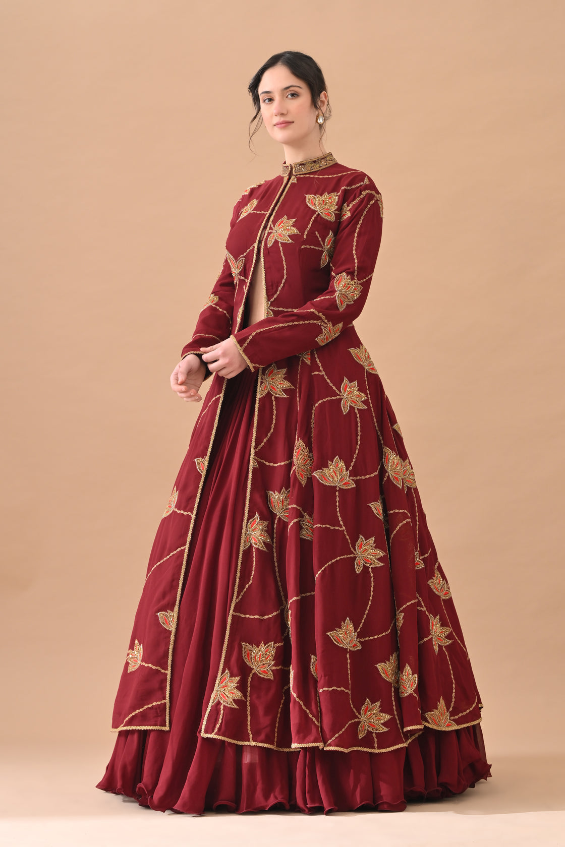 Maroon Red Gold Zari Embroidered Royal Anarkali