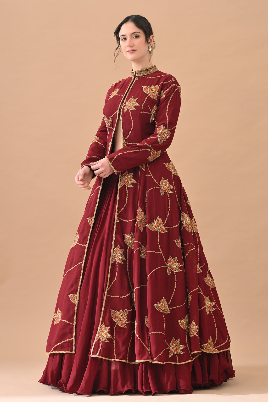 Maroon Red Gold Zari Embroidered Royal Anarkali