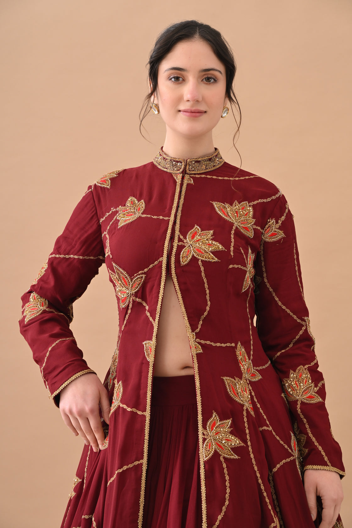 Maroon Red Gold Zari Embroidered Royal Anarkali