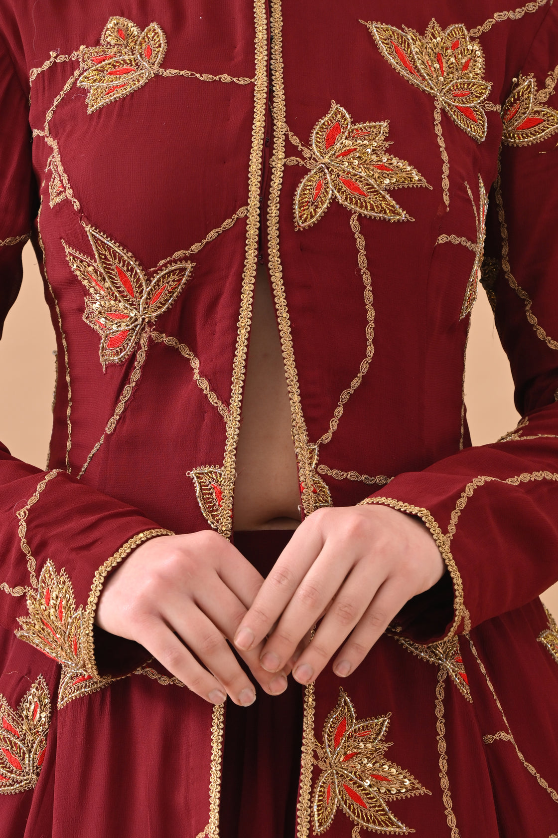 Maroon Red Gold Zari Embroidered Royal Anarkali
