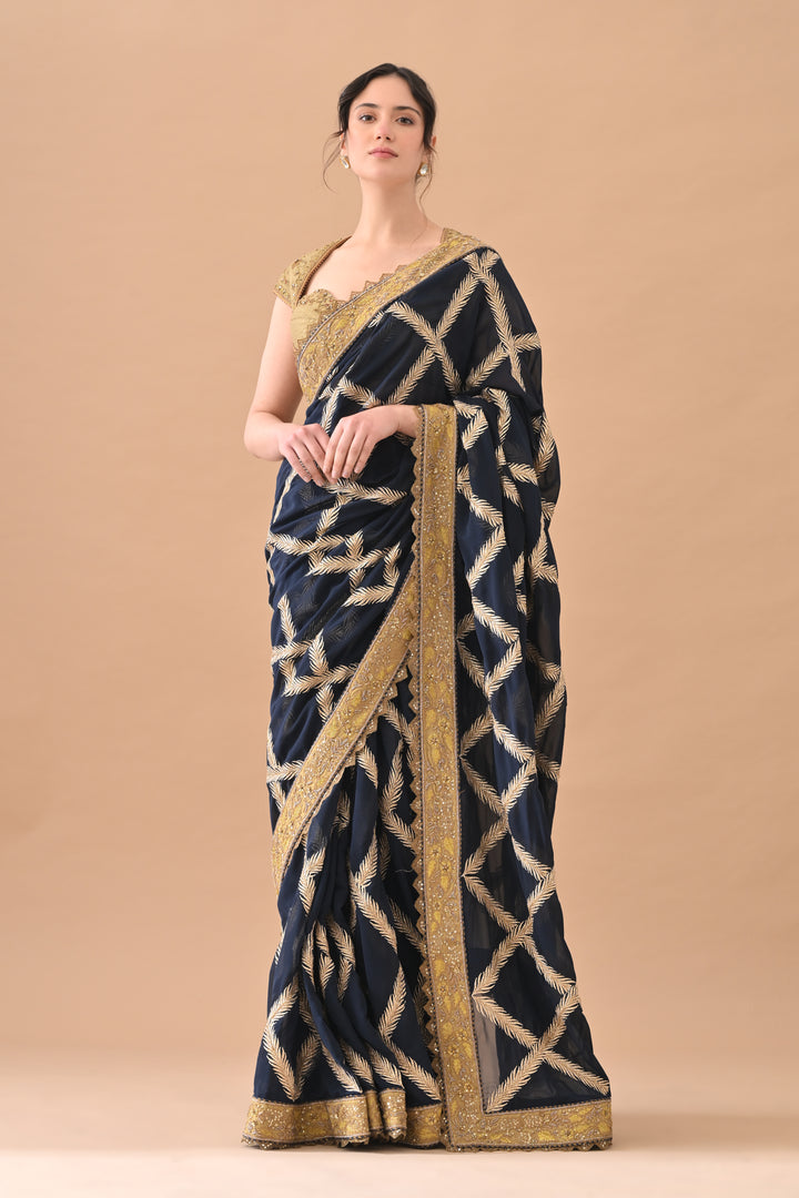 Navy Blue Intricate Zari Embroidered Saree