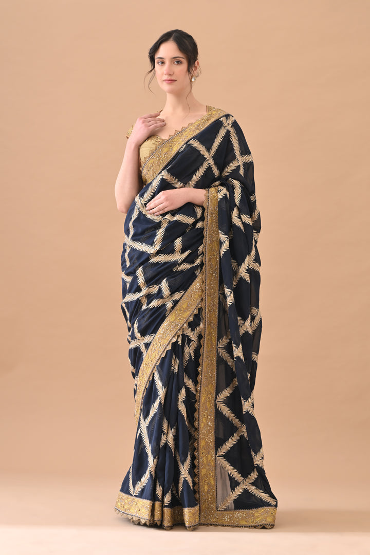 Navy Blue Intricate Zari Embroidered Saree