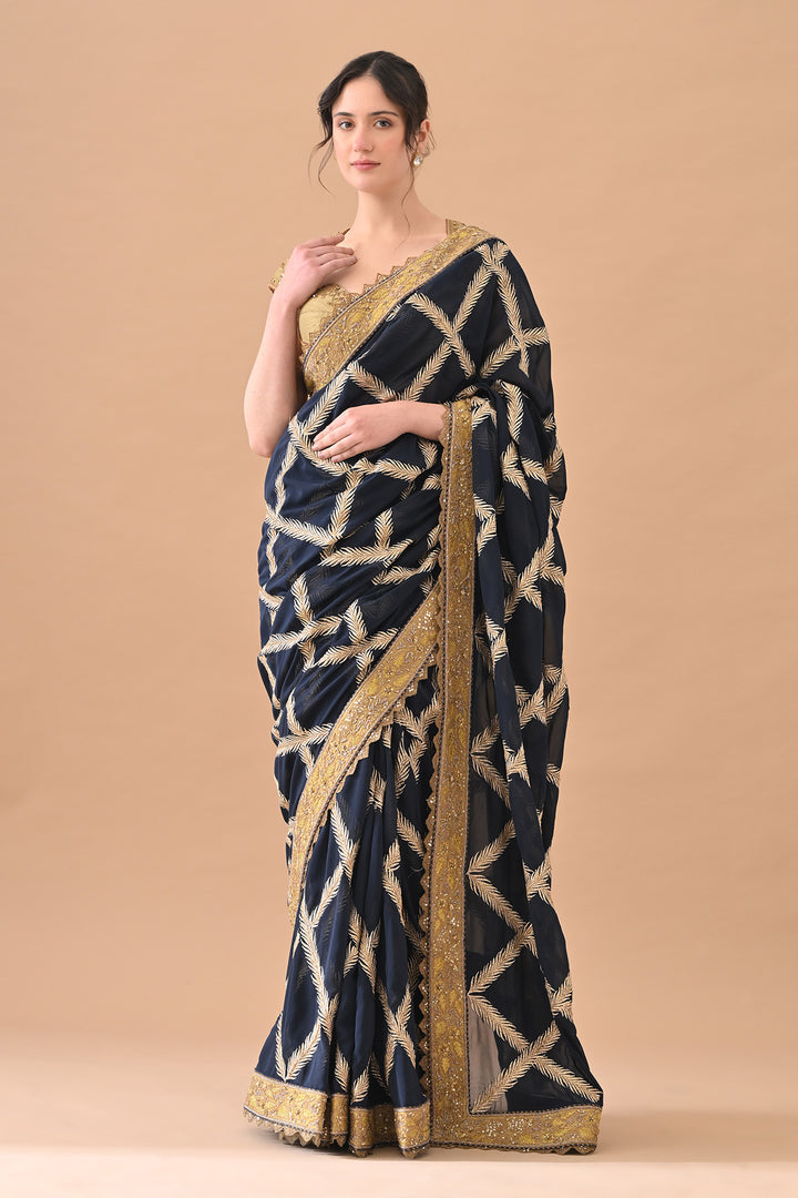 Navy Blue Intricate Zari Embroidered Saree