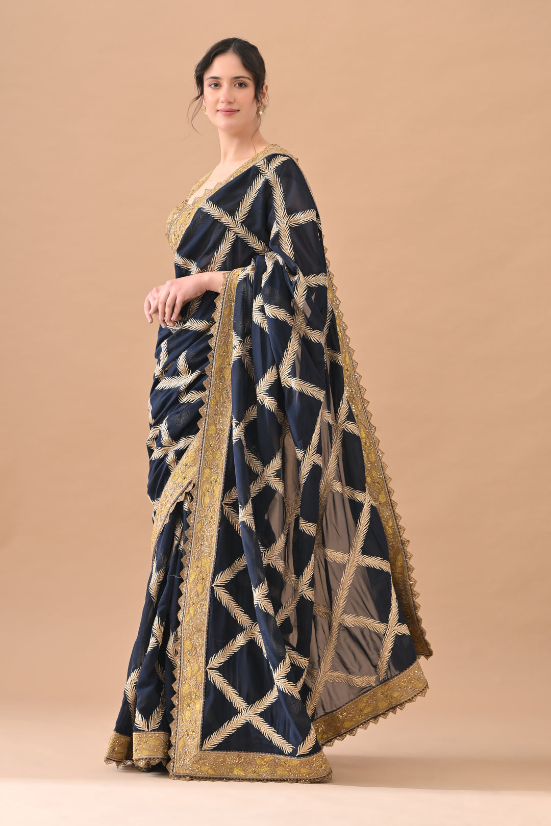Navy Blue Intricate Zari Embroidered Saree