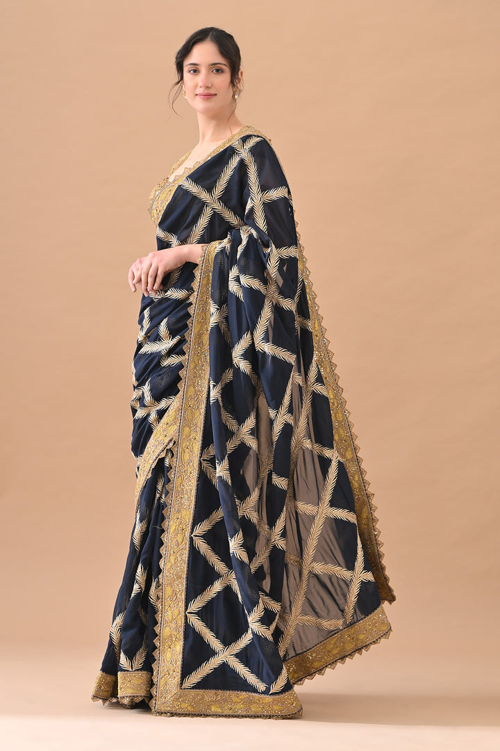 Navy Blue Intricate Zari Embroidered Saree