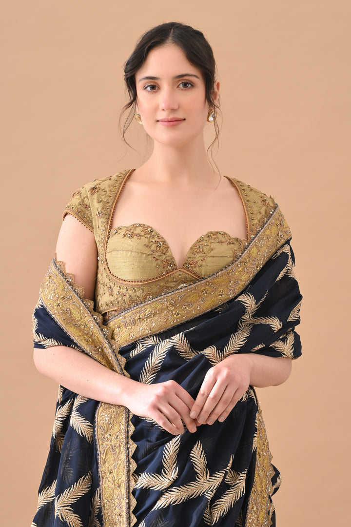 Navy Blue Intricate Zari Embroidered Saree