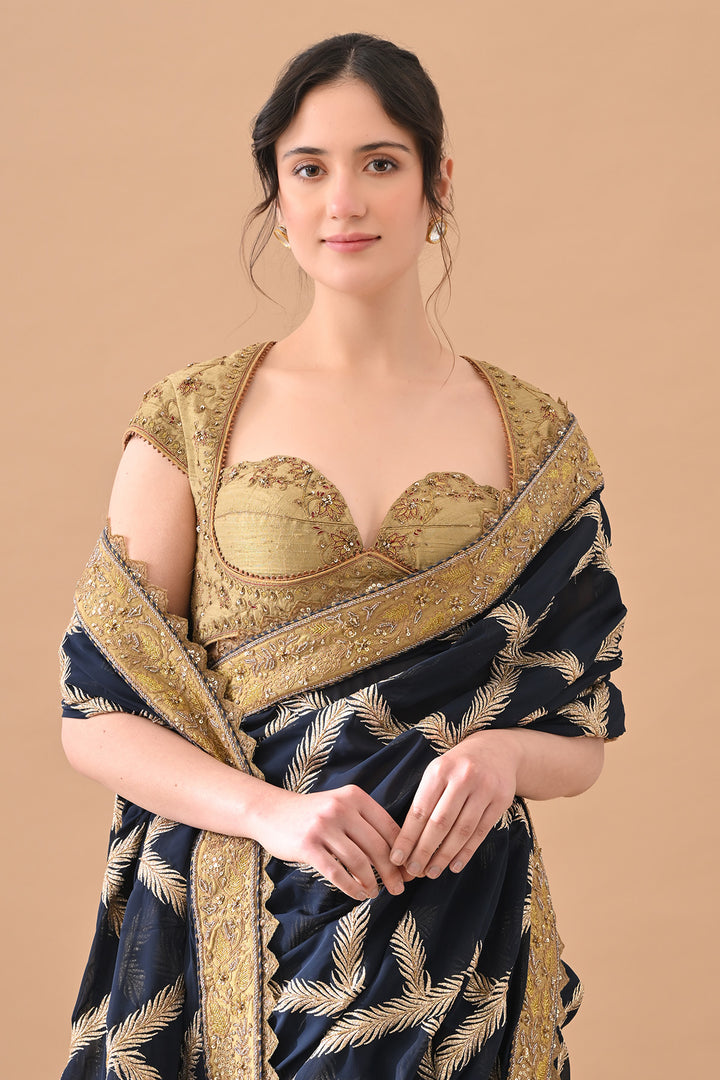 Navy Blue Intricate Zari Embroidered Saree