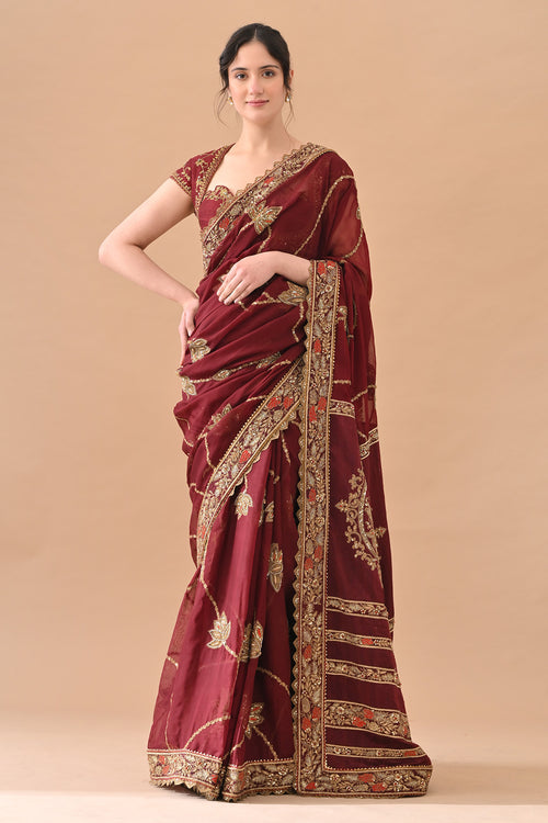 Maroon Elegant Zari Work Saree Set