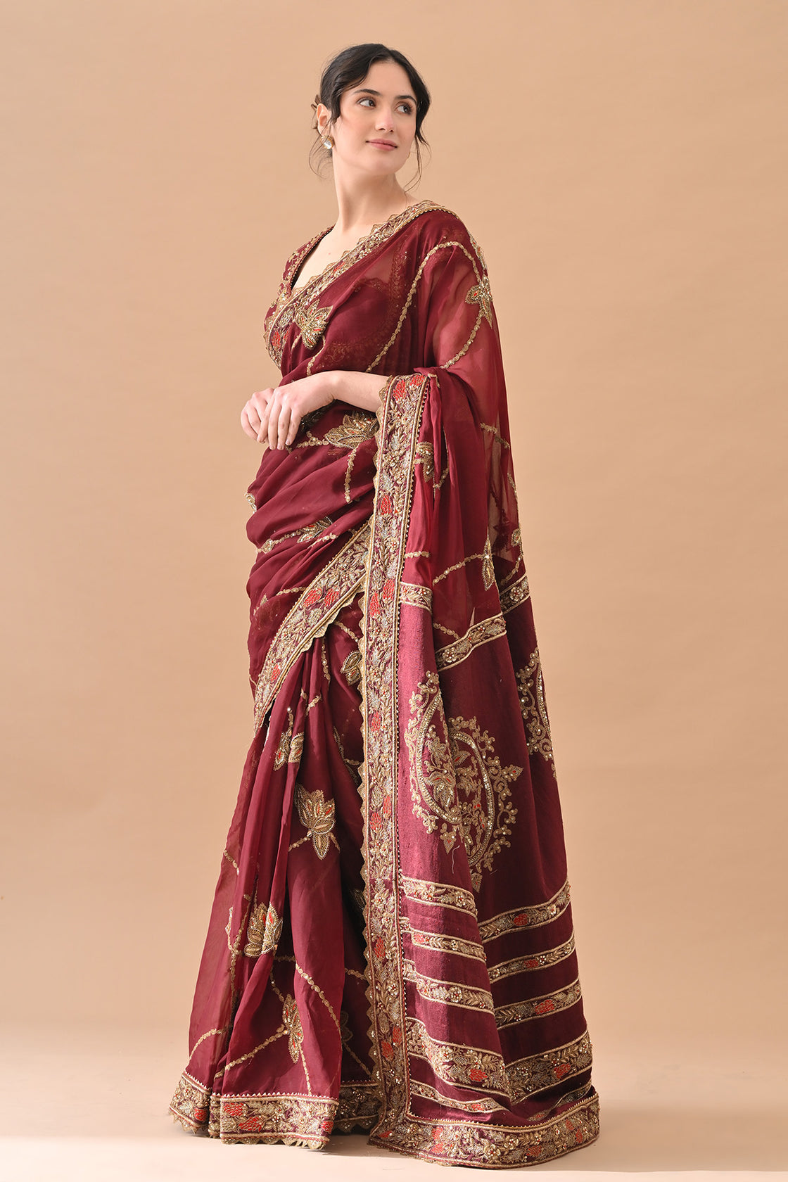 Maroon Elegant Zari Work Saree Set