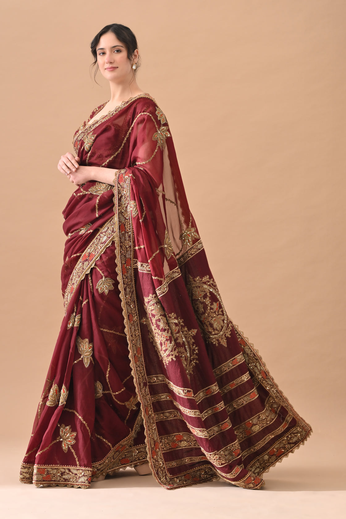 Maroon Elegant Zari Work Saree Set