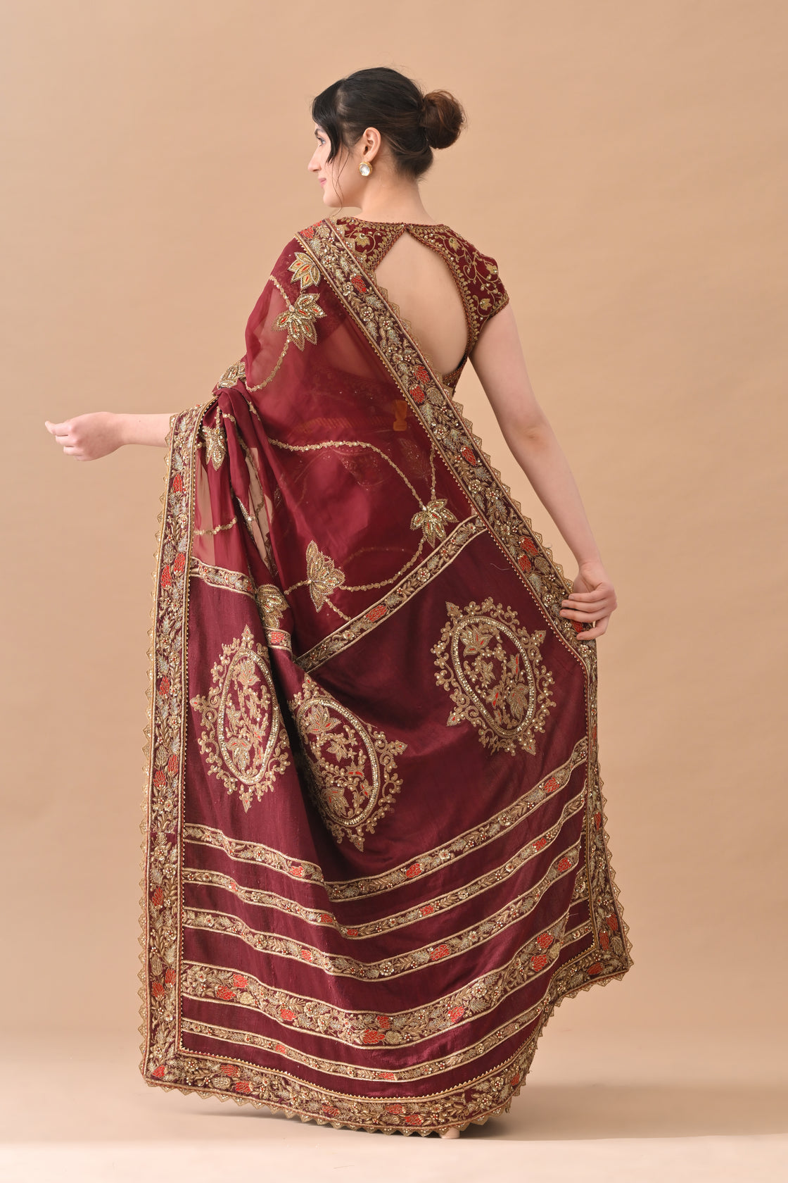 Maroon Elegant Zari Work Saree Set