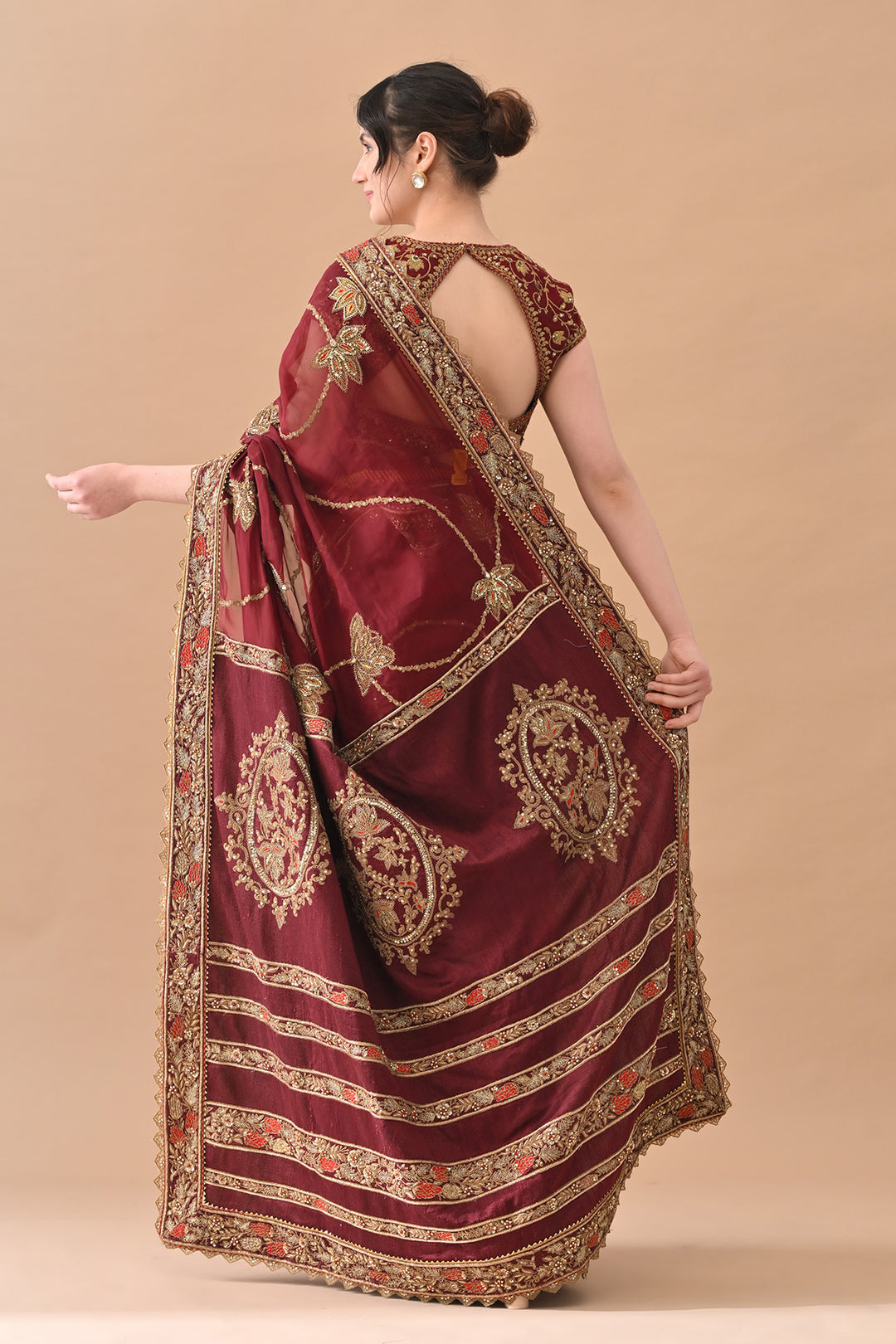 Maroon Elegant Zari Work Saree Set