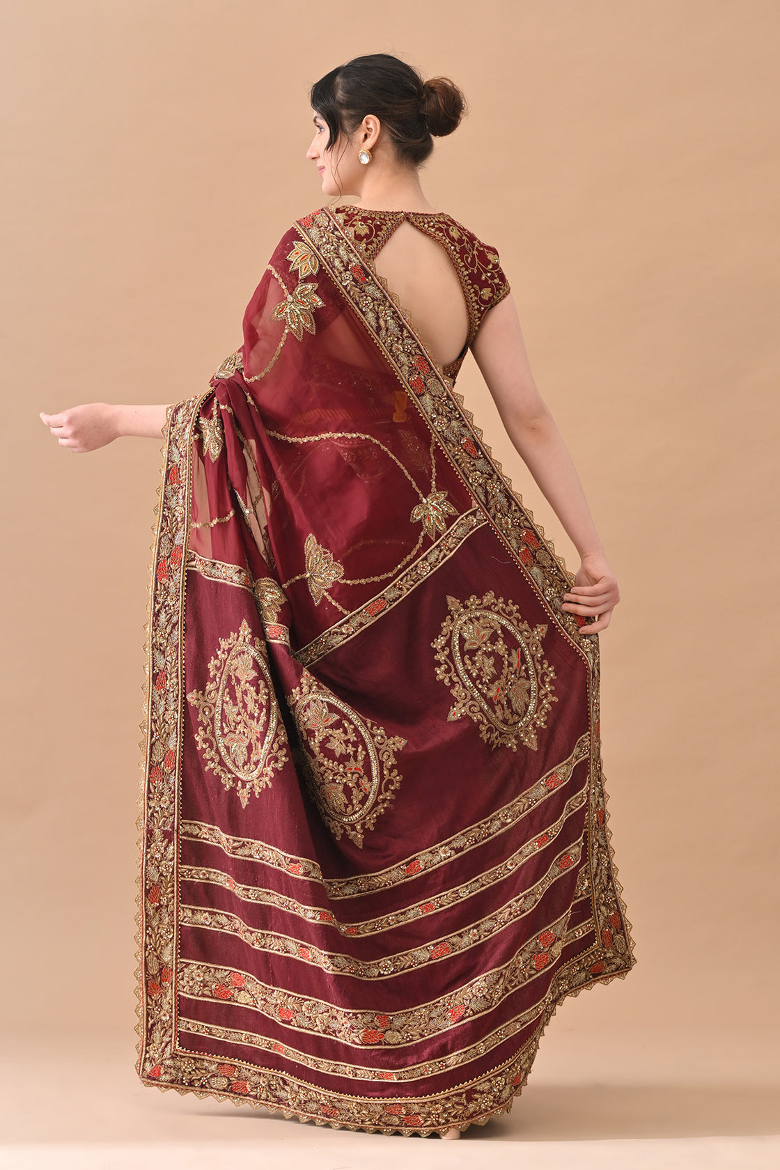 Maroon Elegant Zari Work Saree Set