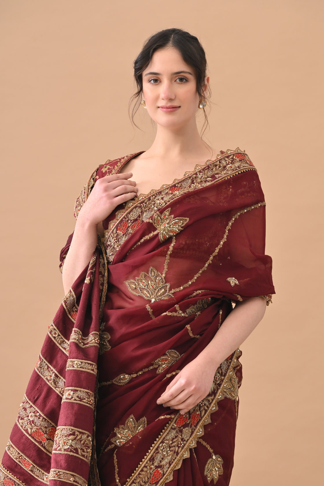 Maroon Elegant Zari Work Saree Set