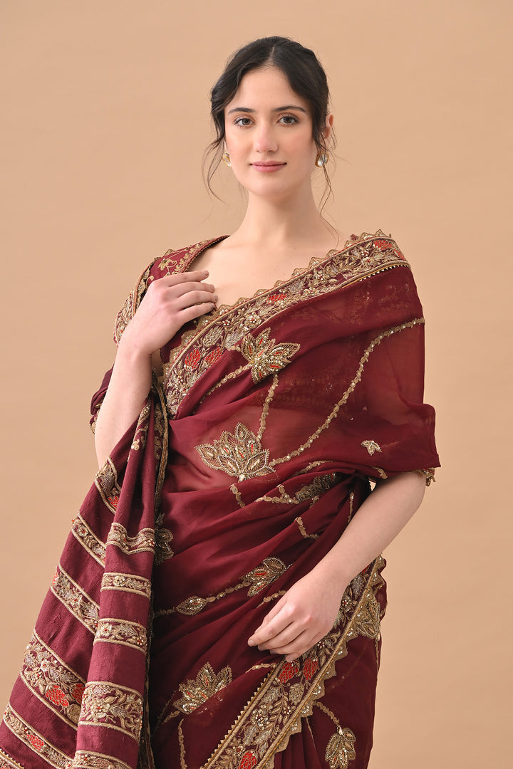 Maroon Elegant Zari Work Saree Set