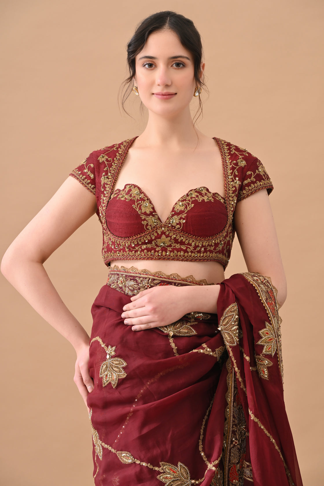 Maroon Elegant Zari Work Saree Set