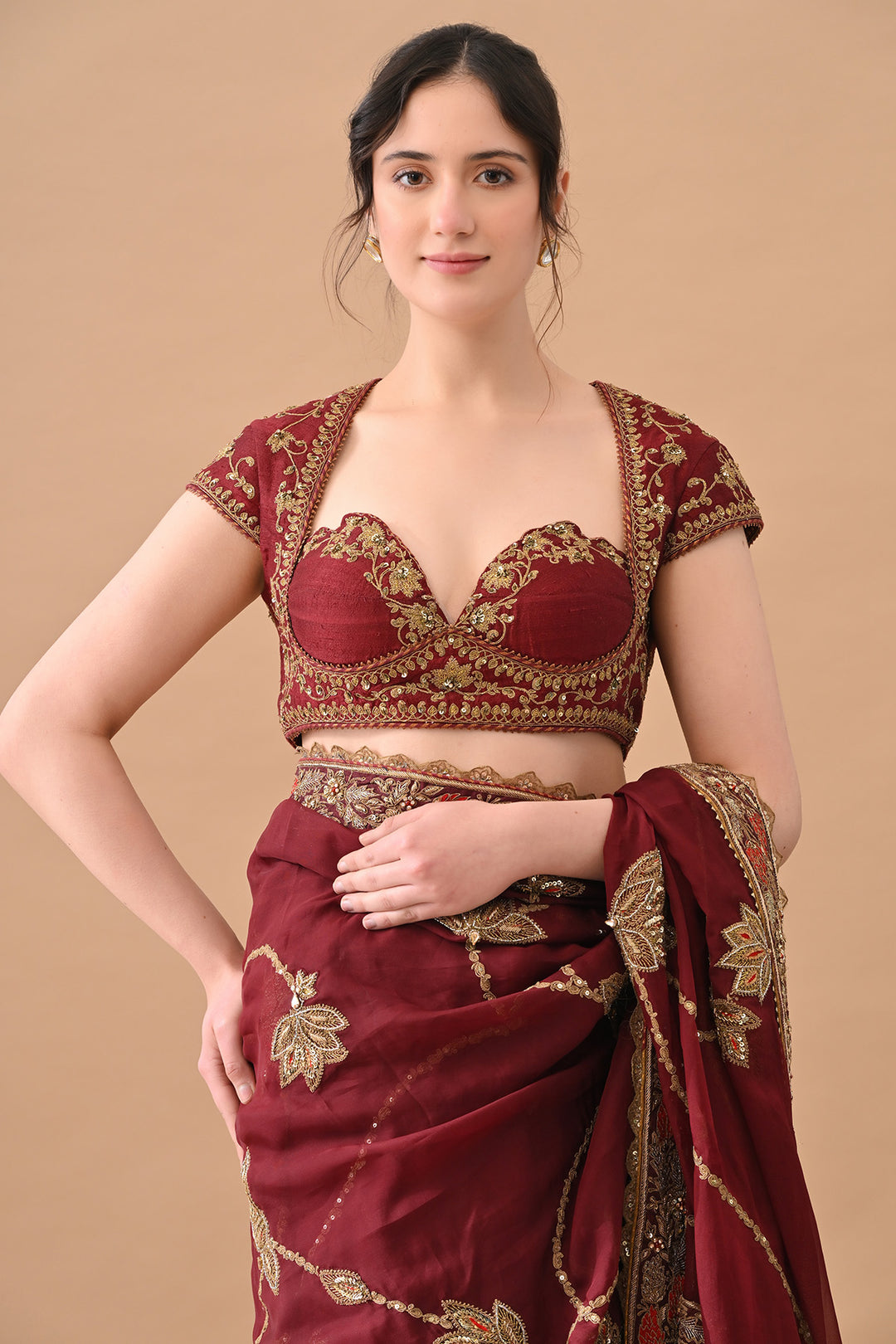 Maroon Elegant Zari Work Saree Set