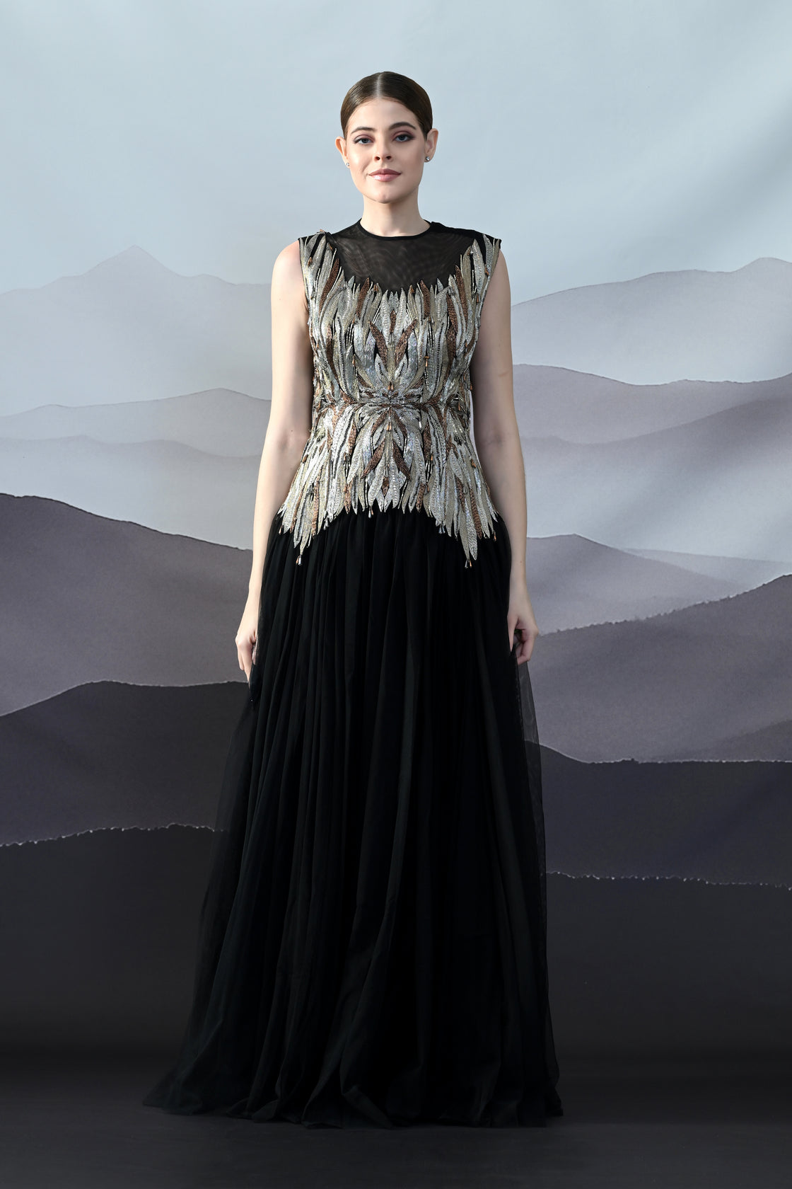 Black Gown with Artisanal Metallic Embroidery and Fluid Draping