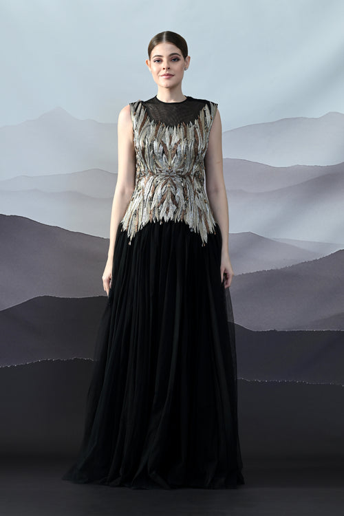 Black Gown with Artisanal Metallic Embroidery and Fluid Draping