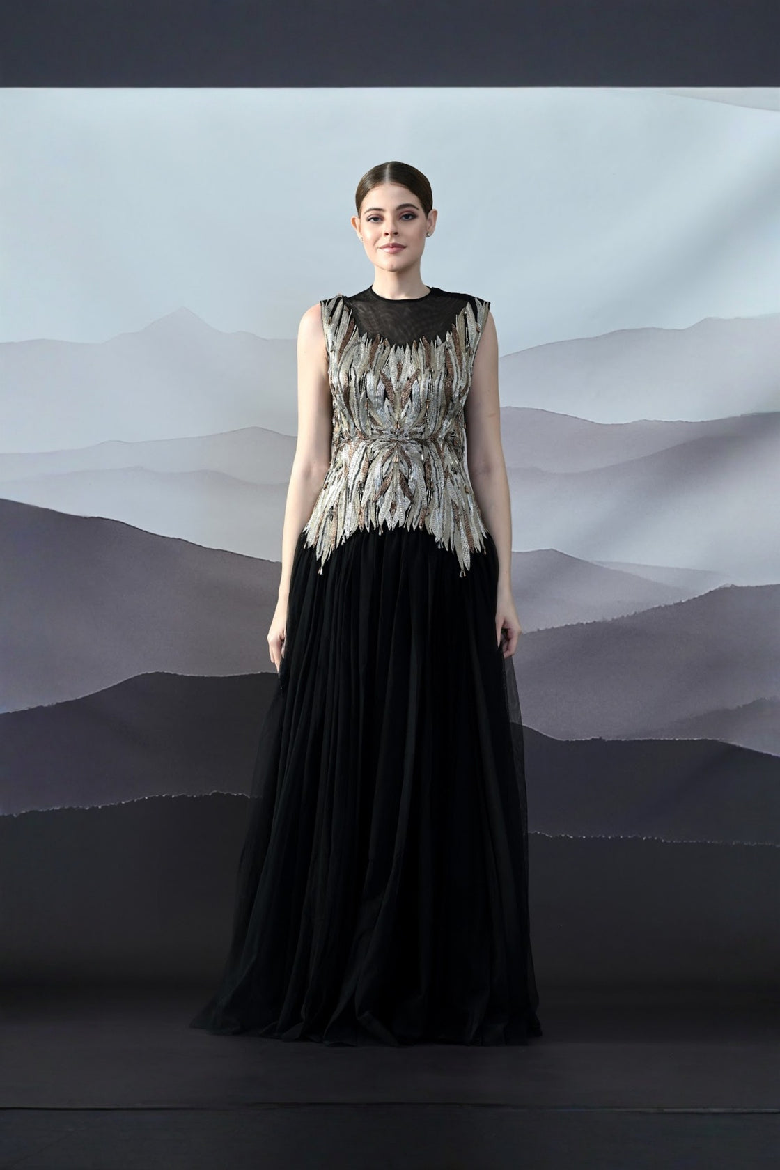 Black Gown With Artisanal Metallic Embroidery And Fluid Draping