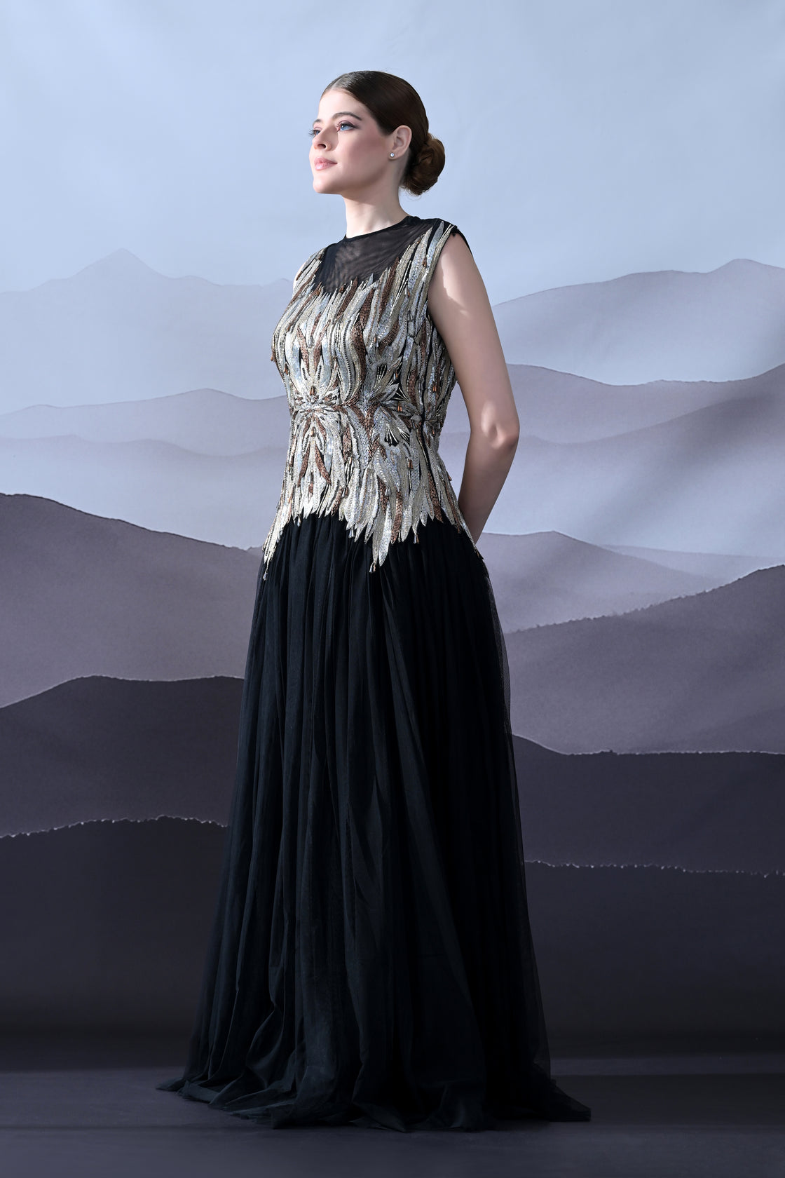 Black Gown with Artisanal Metallic Embroidery and Fluid Draping