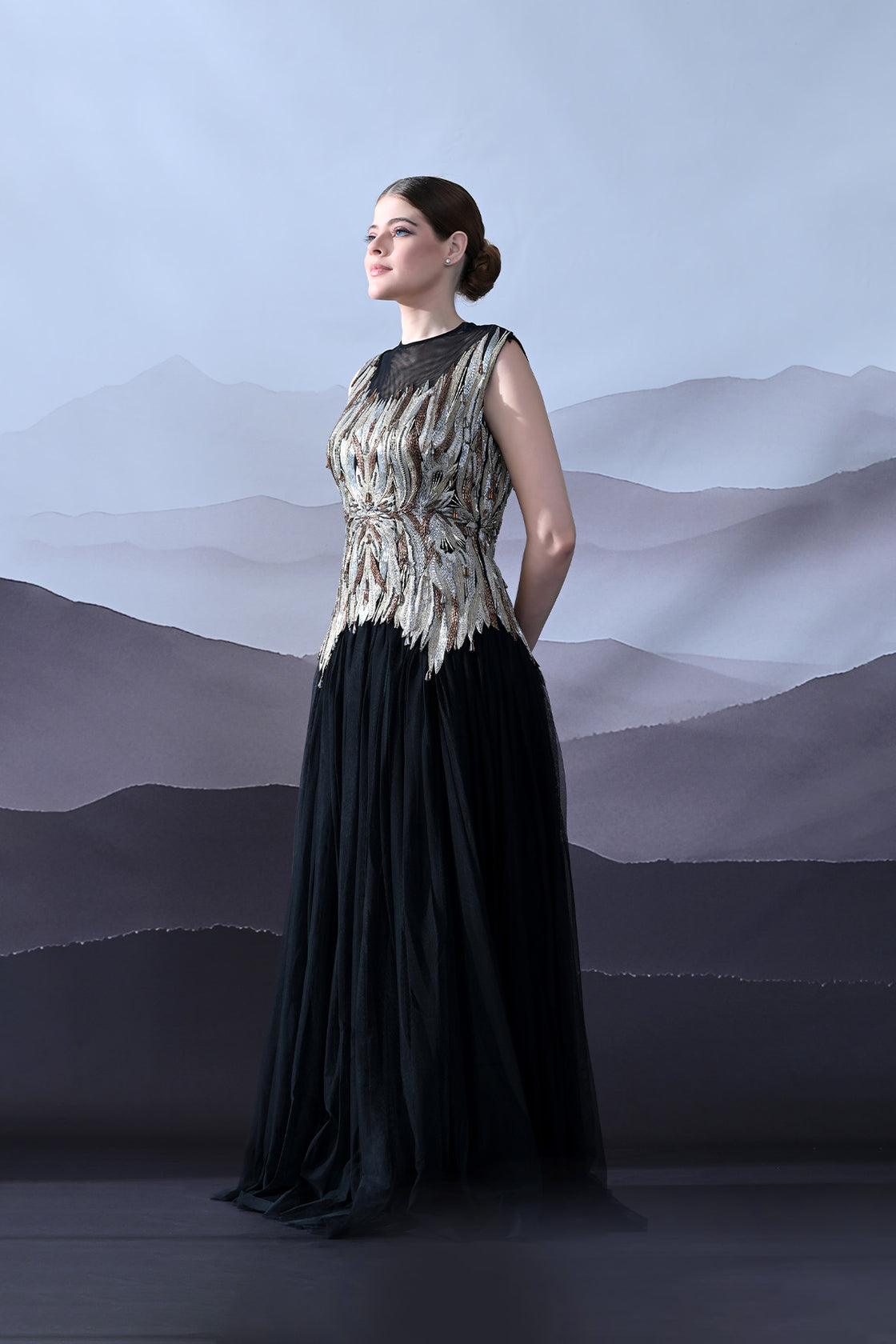 Black Gown With Artisanal Metallic Embroidery And Fluid Draping
