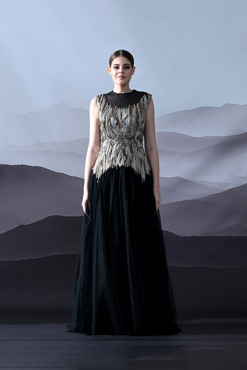 Black Gown With Artisanal Metallic Embroidery And Fluid Draping