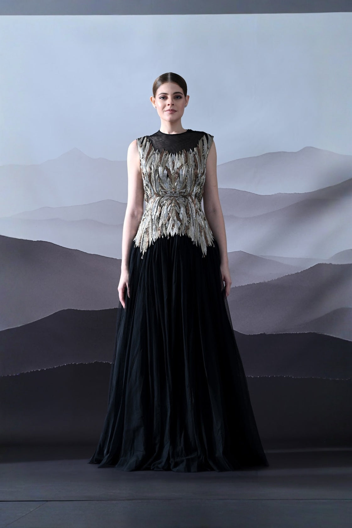 Black Gown With Artisanal Metallic Embroidery And Fluid Draping