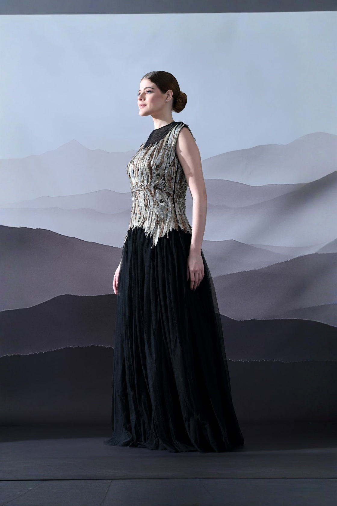 Black Gown With Artisanal Metallic Embroidery And Fluid Draping