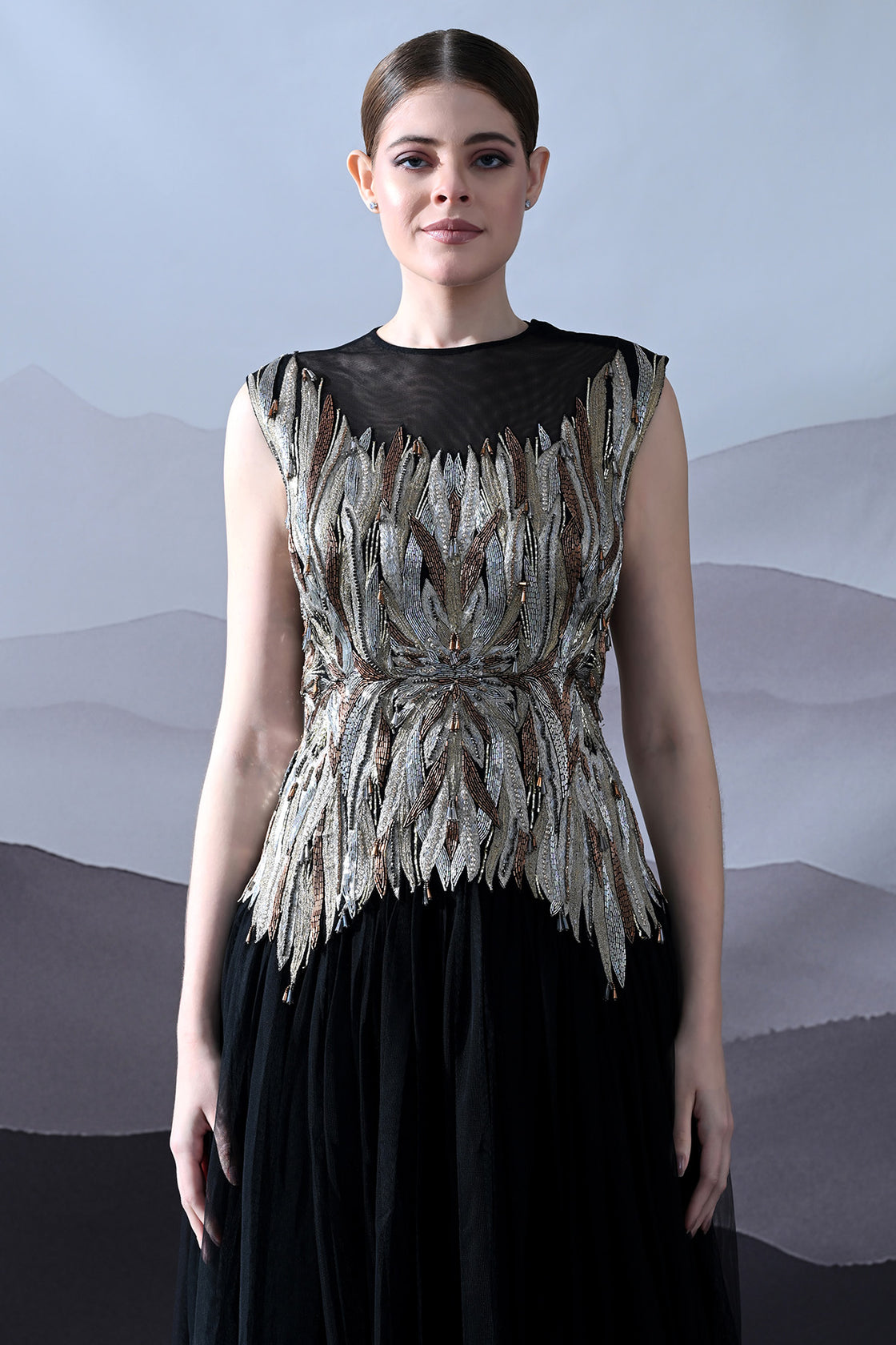 Black Gown With Artisanal Metallic Embroidery And Fluid Draping