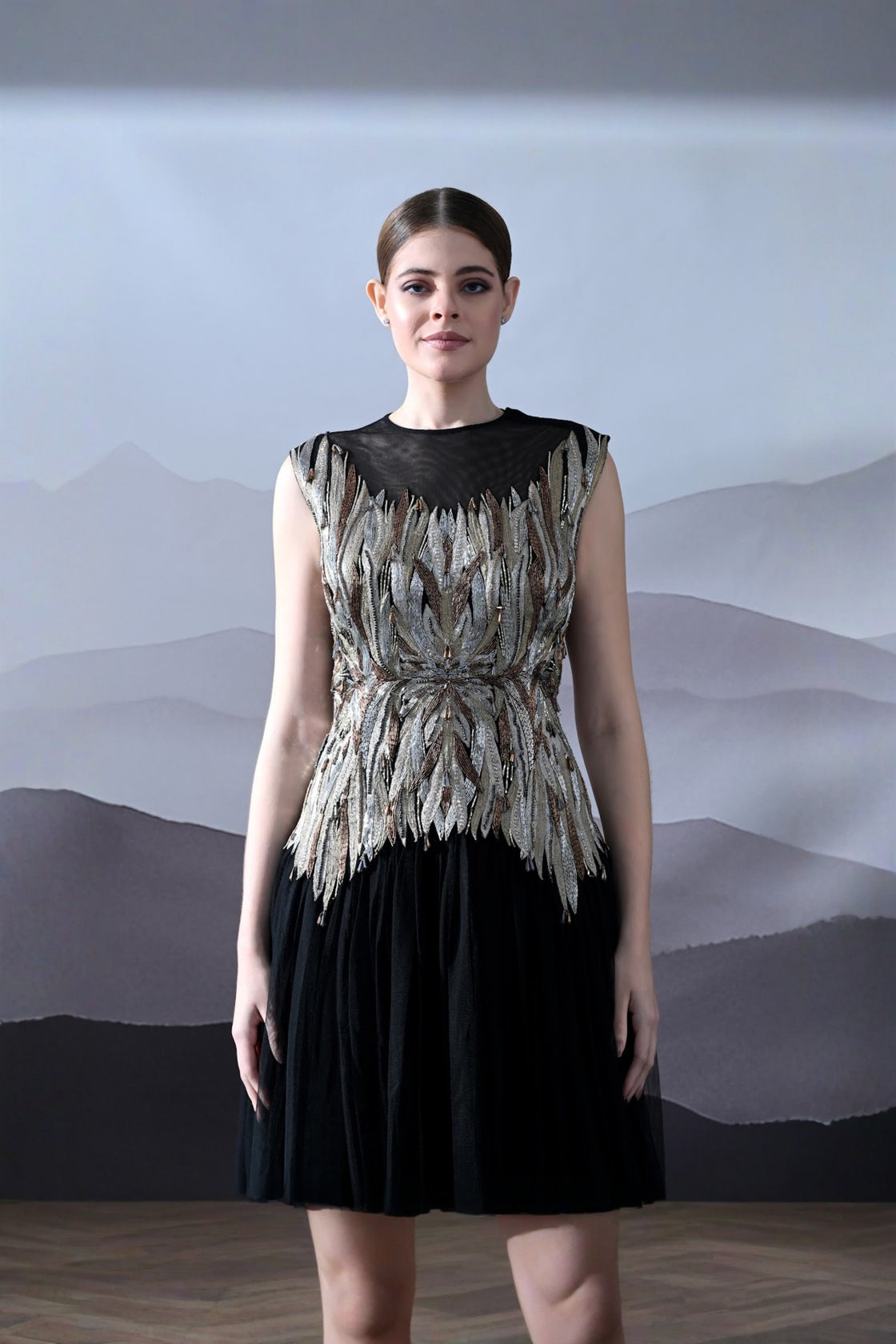 Black Gown With Artisanal Metallic Embroidery And Fluid Draping