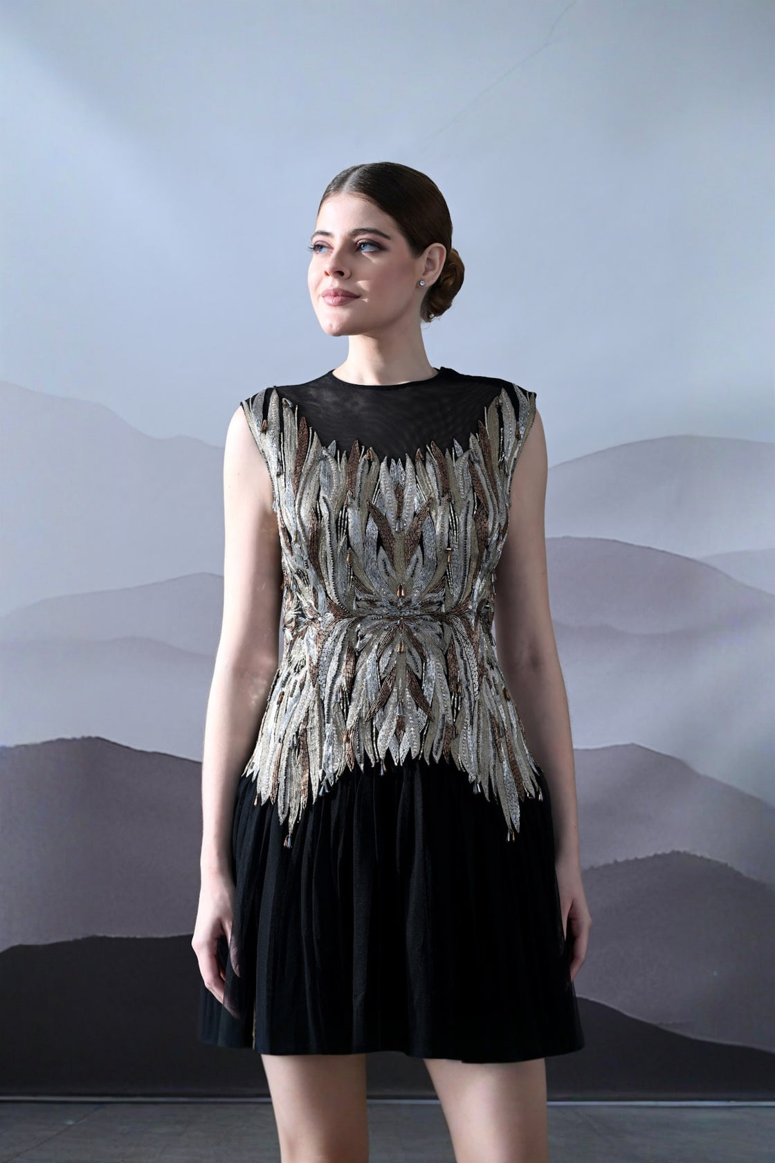Black Gown With Artisanal Metallic Embroidery And Fluid Draping