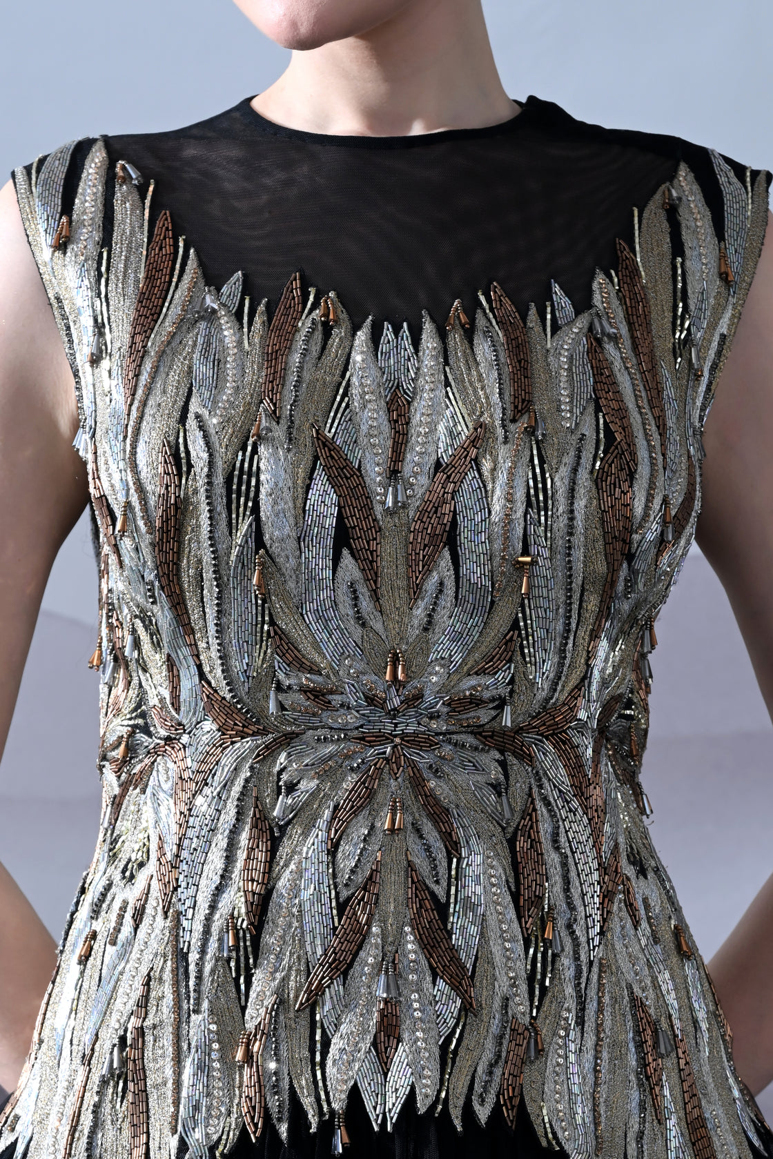 Black Gown with Artisanal Metallic Embroidery and Fluid Draping