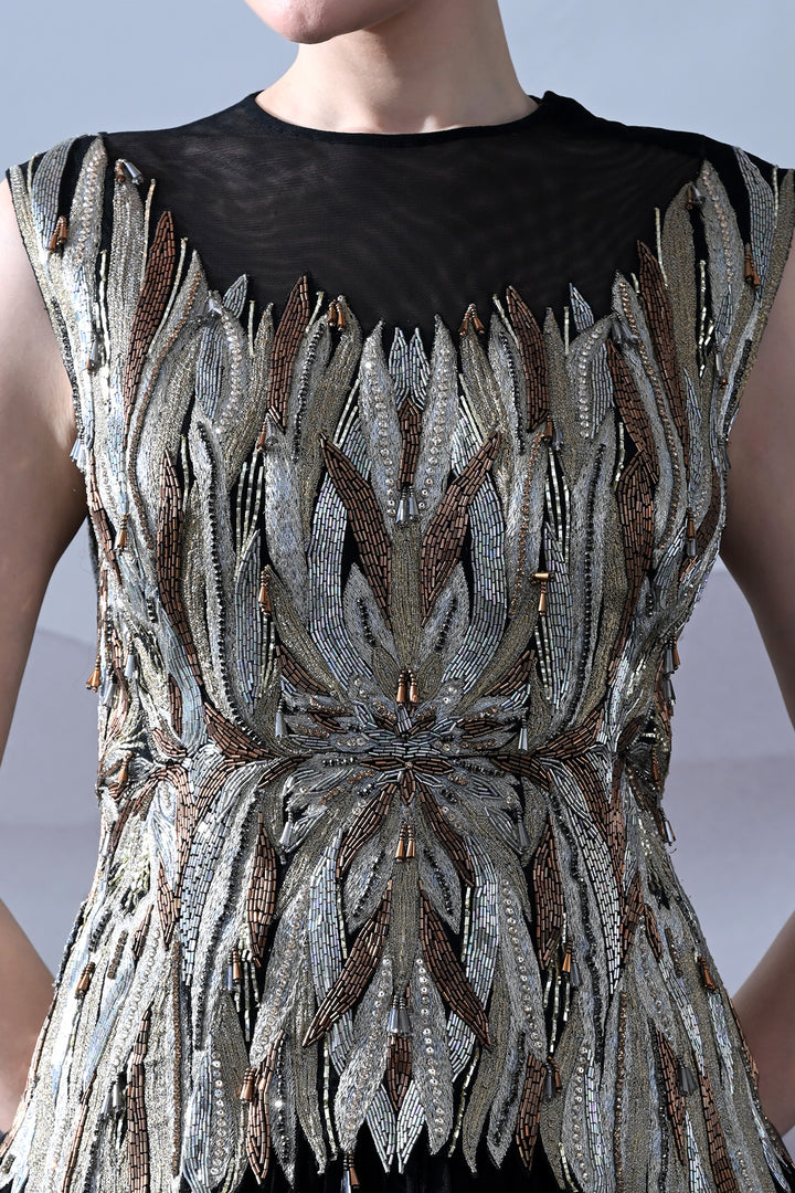 Black Gown With Artisanal Metallic Embroidery And Fluid Draping