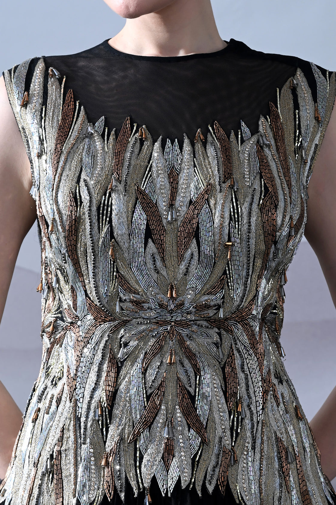 Black Gown With Artisanal Metallic Embroidery And Fluid Draping